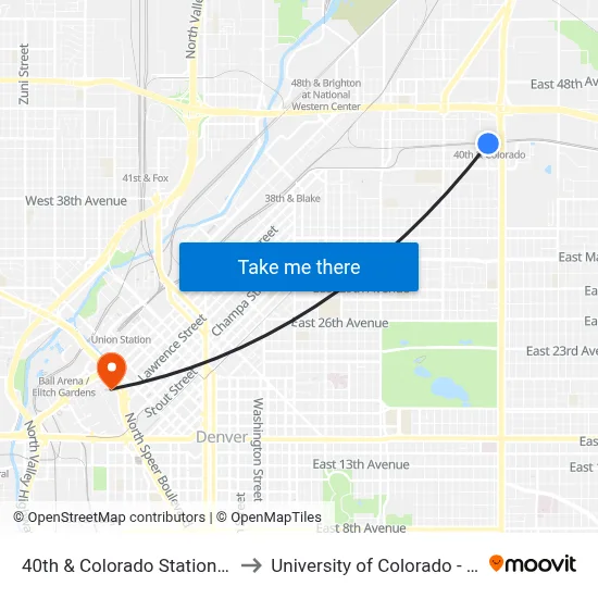 40th & Colorado Station Gate B to University of Colorado - Denver map