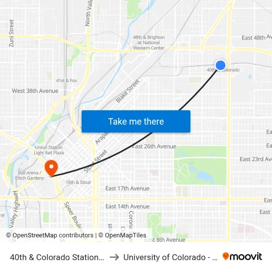 40th & Colorado Station Gate D to University of Colorado - Denver map