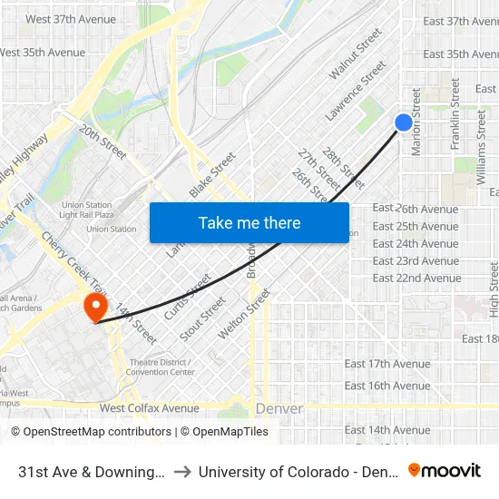31st Ave & Downing St to University of Colorado - Denver map