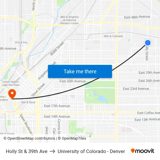 Holly St & 39th Ave to University of Colorado - Denver map