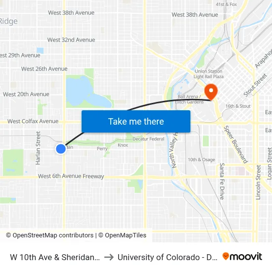 W 10th Ave & Sheridan Blvd to University of Colorado - Denver map
