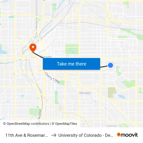 11th Ave & Rosemary St to University of Colorado - Denver map