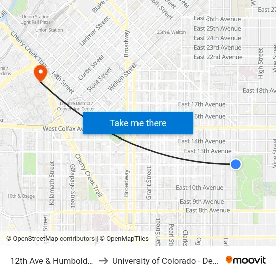 12th Ave & Humboldt St to University of Colorado - Denver map