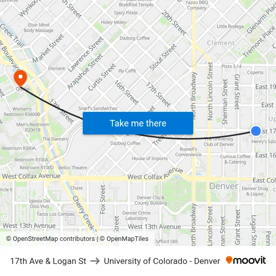 17th Ave & Logan St to University of Colorado - Denver map