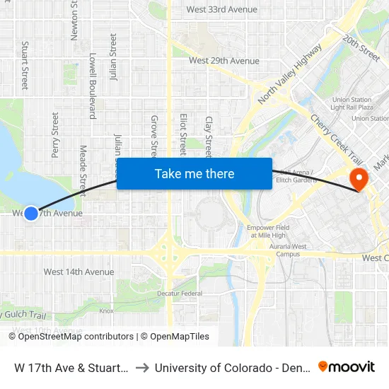 W 17th Ave & Stuart St to University of Colorado - Denver map