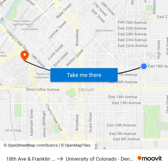 18th Ave & Franklin St to University of Colorado - Denver map