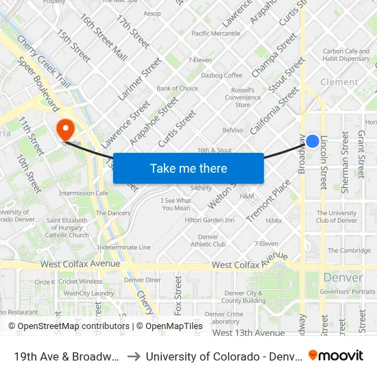 19th Ave & Broadway to University of Colorado - Denver map