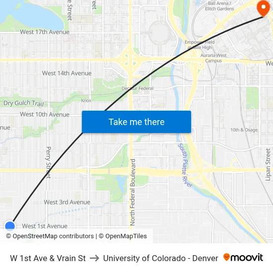 W 1st Ave & Vrain St to University of Colorado - Denver map
