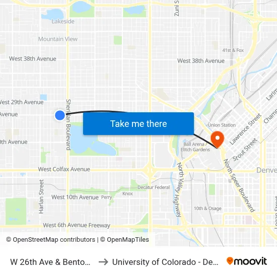 W 26th Ave & Benton St to University of Colorado - Denver map
