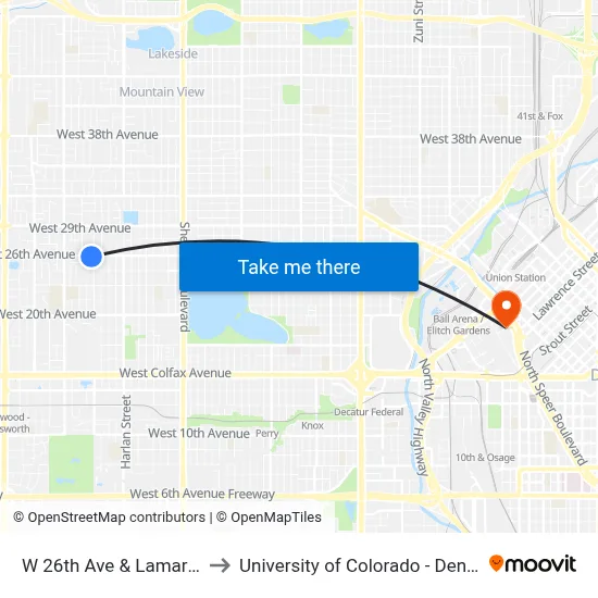 W 26th Ave & Lamar St to University of Colorado - Denver map
