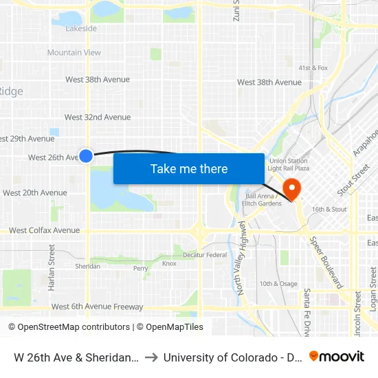 W 26th Ave & Sheridan Blvd to University of Colorado - Denver map