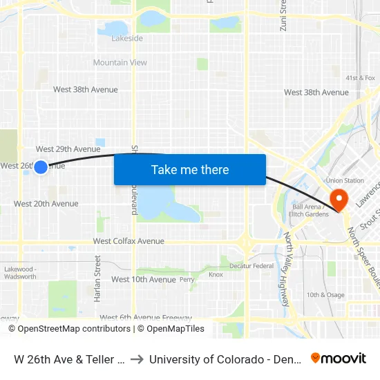 W 26th Ave & Teller St to University of Colorado - Denver map