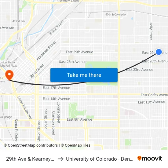 29th Ave & Kearney St to University of Colorado - Denver map