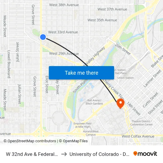 W 32nd Ave & Federal Blvd to University of Colorado - Denver map