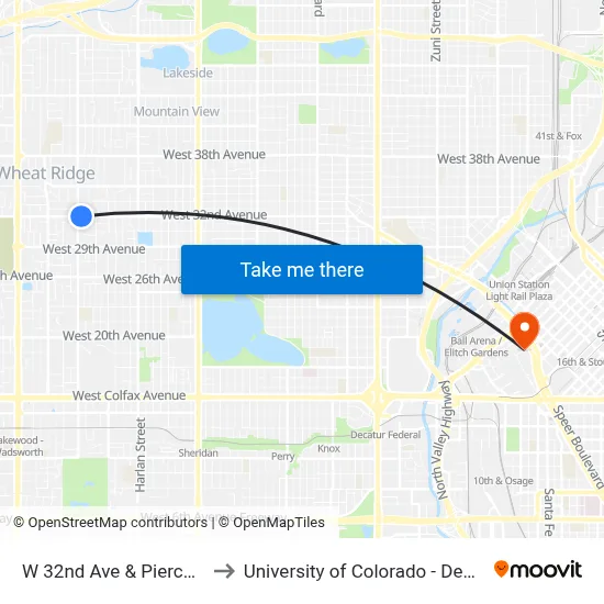 W 32nd Ave & Pierce St to University of Colorado - Denver map