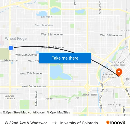 W 32nd Ave & Wadsworth Blvd to University of Colorado - Denver map
