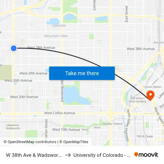 W 38th Ave & Wadsworth Blvd to University of Colorado - Denver map