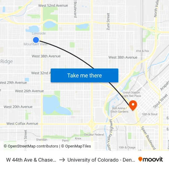 W 44th Ave & Chase St to University of Colorado - Denver map