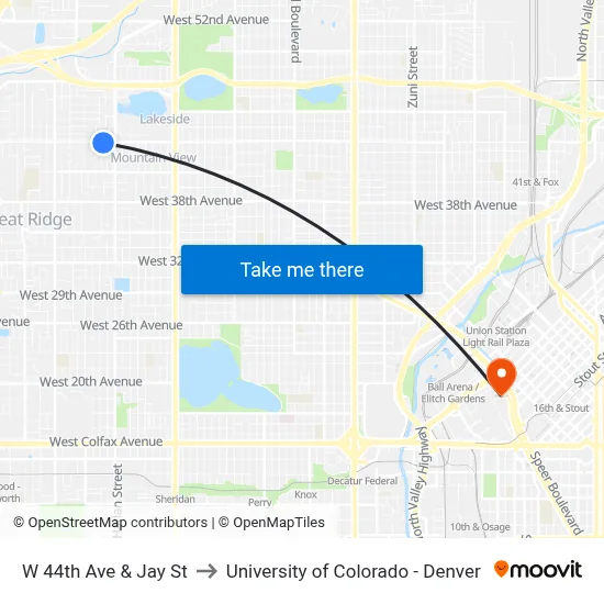 W 44th Ave & Jay St to University of Colorado - Denver map