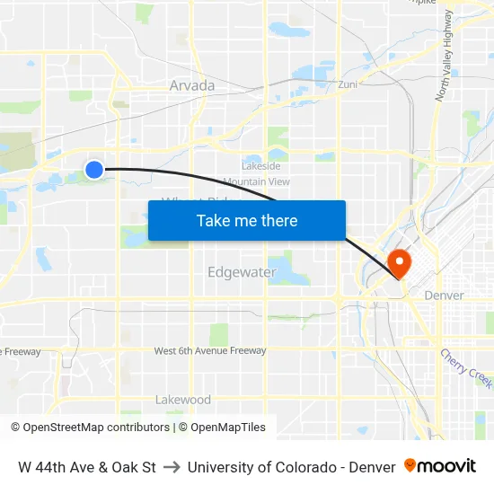 W 44th Ave & Oak St to University of Colorado - Denver map