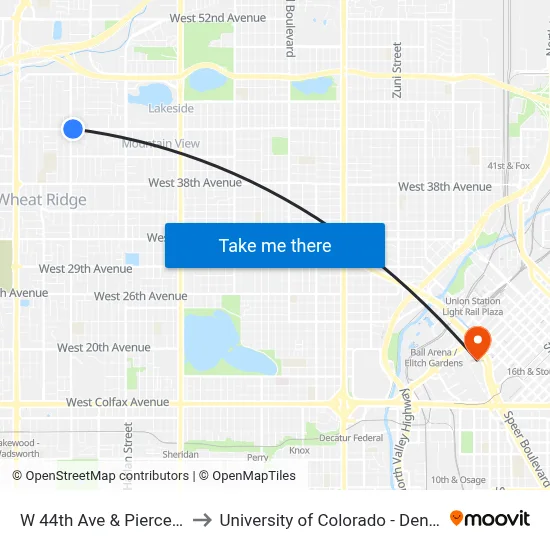 W 44th Ave & Pierce St to University of Colorado - Denver map