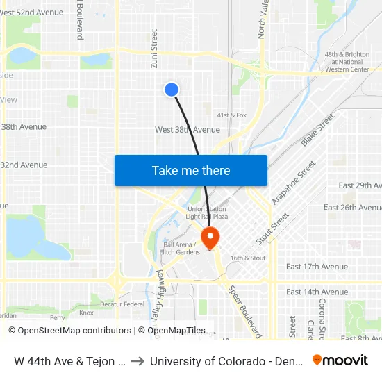 W 44th Ave & Tejon St to University of Colorado - Denver map