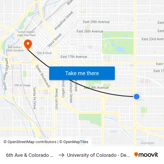 6th Ave & Colorado Blvd to University of Colorado - Denver map