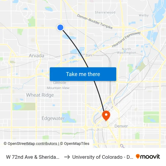 W 72nd Ave & Sheridan Blvd to University of Colorado - Denver map