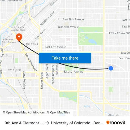 9th Ave & Clermont St to University of Colorado - Denver map