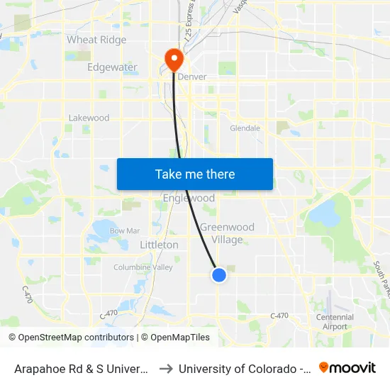 Arapahoe Rd & S University Blvd to University of Colorado - Denver map