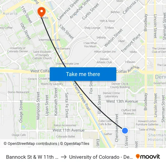 Bannock St & W 11th Ave to University of Colorado - Denver map