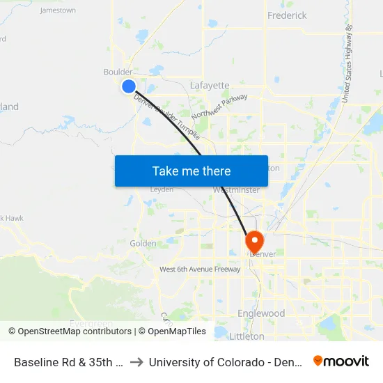 Baseline Rd & 35th St to University of Colorado - Denver map