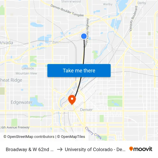 Broadway & W 62nd Ave to University of Colorado - Denver map