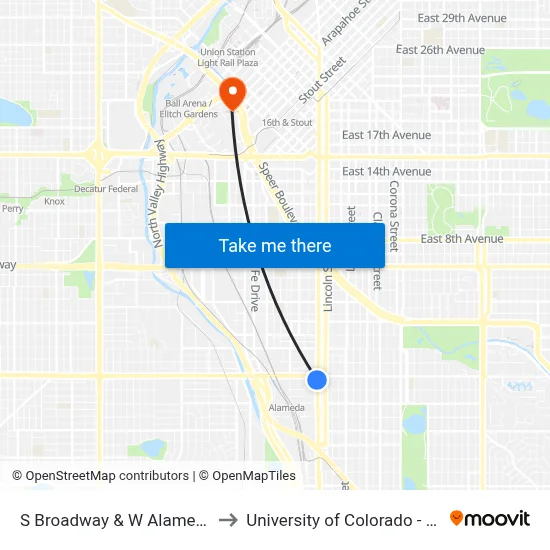 S Broadway & W Alameda Ave to University of Colorado - Denver map