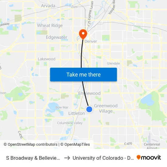 S Broadway & Belleview Ave to University of Colorado - Denver map