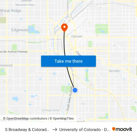 S Broadway & Colorado Ave to University of Colorado - Denver map