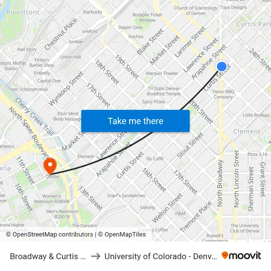 Broadway & Curtis St to University of Colorado - Denver map