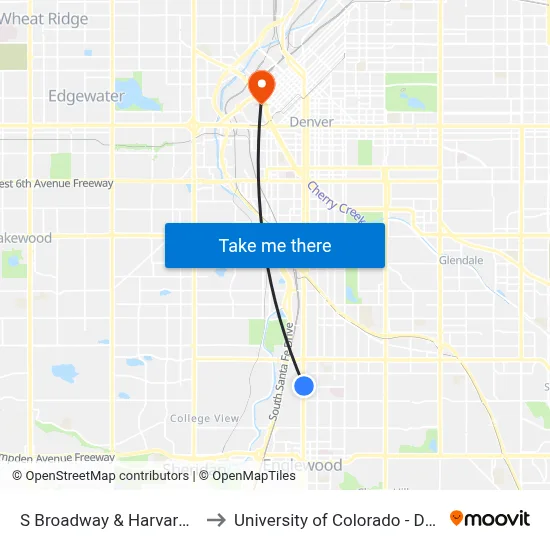 S Broadway & Harvard Ave to University of Colorado - Denver map
