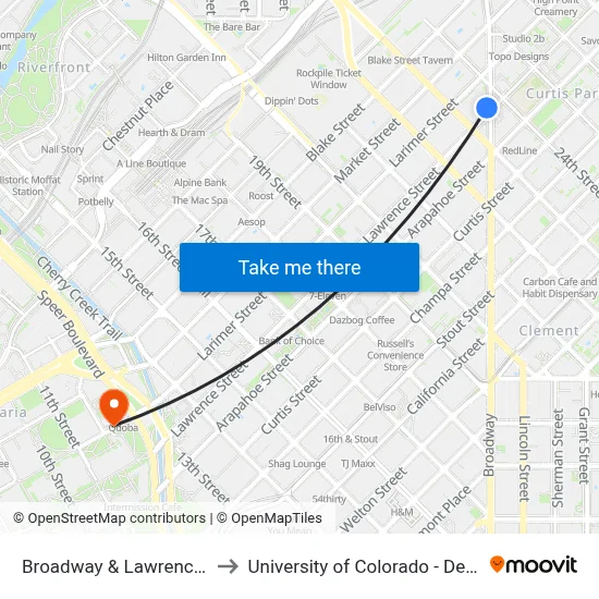 Broadway & Lawrence St to University of Colorado - Denver map