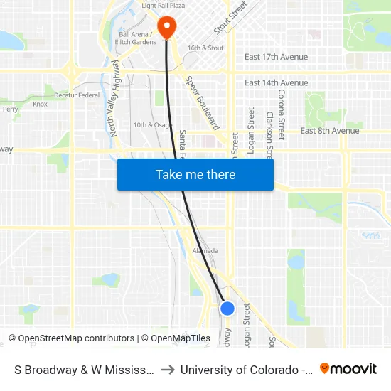 S Broadway & W Mississippi Ave to University of Colorado - Denver map