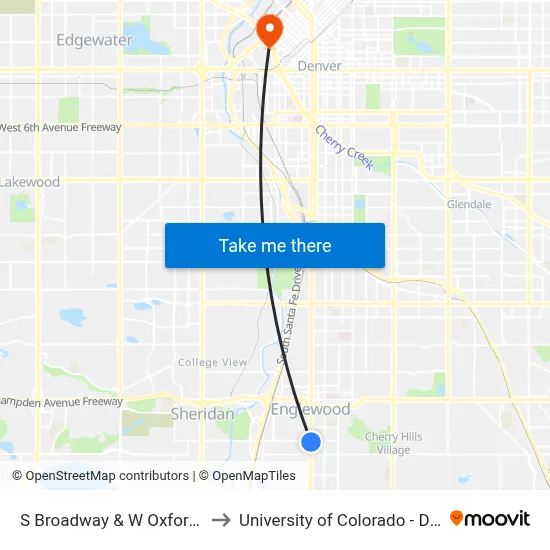 S Broadway & W Oxford Ave to University of Colorado - Denver map