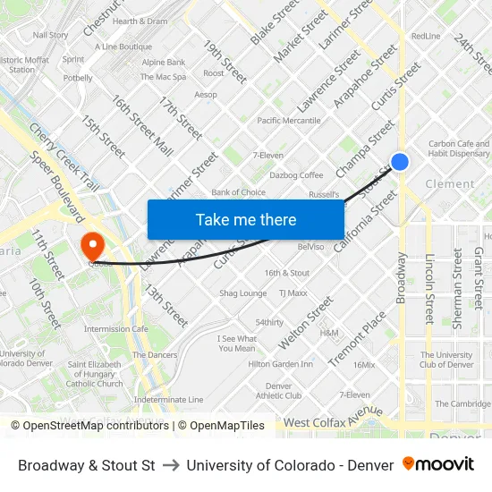 Broadway & Stout St to University of Colorado - Denver map