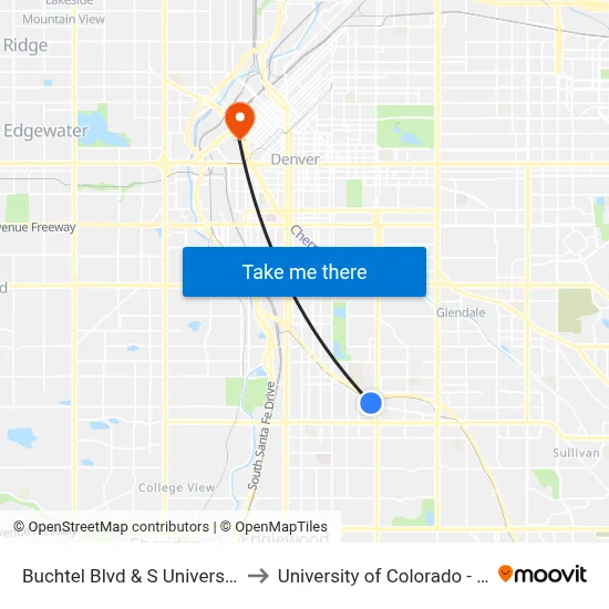Buchtel Blvd & S University Blvd to University of Colorado - Denver map