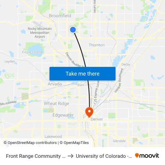 Front Range Community College to University of Colorado - Denver map