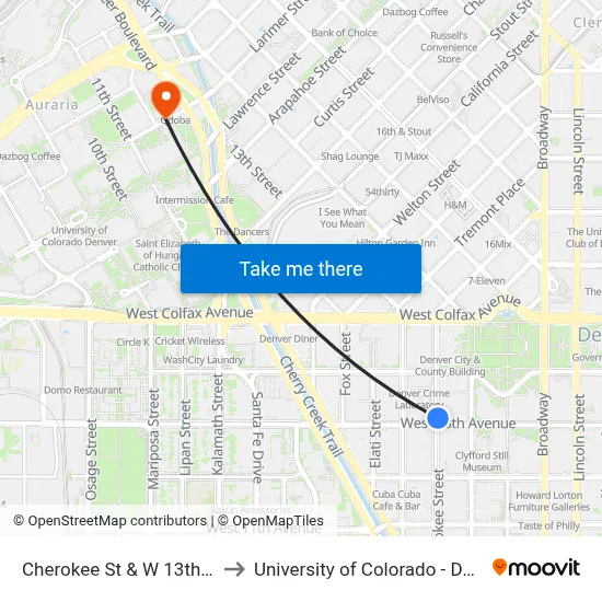 Cherokee St & W 13th Ave to University of Colorado - Denver map