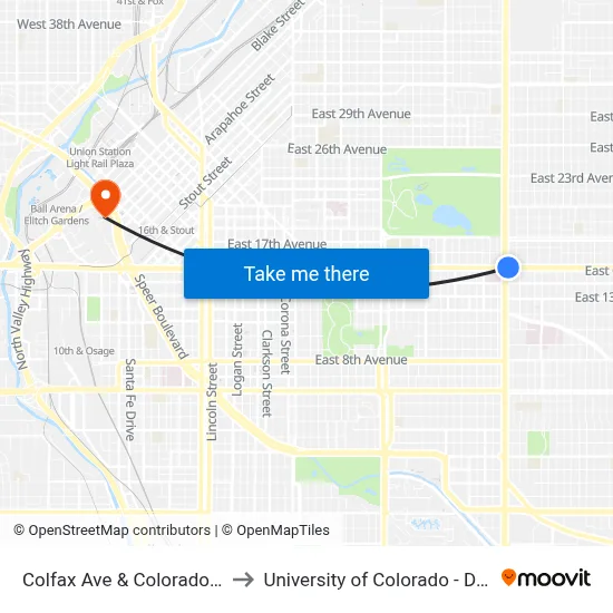 Colfax Ave & Colorado Blvd to University of Colorado - Denver map