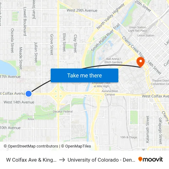 W Colfax Ave & King St to University of Colorado - Denver map
