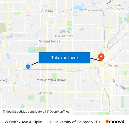 W Colfax Ave & Kipling St to University of Colorado - Denver map