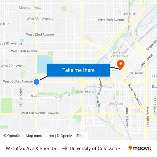W Colfax Ave & Sheridan Blvd to University of Colorado - Denver map