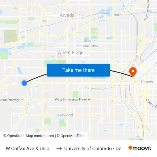W Colfax Ave & Union St to University of Colorado - Denver map